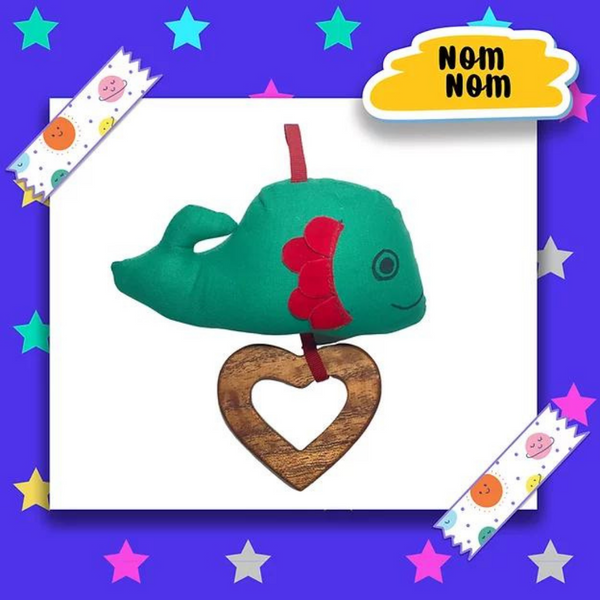 Nom Nom Wooden Teether with Cotton Plush Fish Toy
